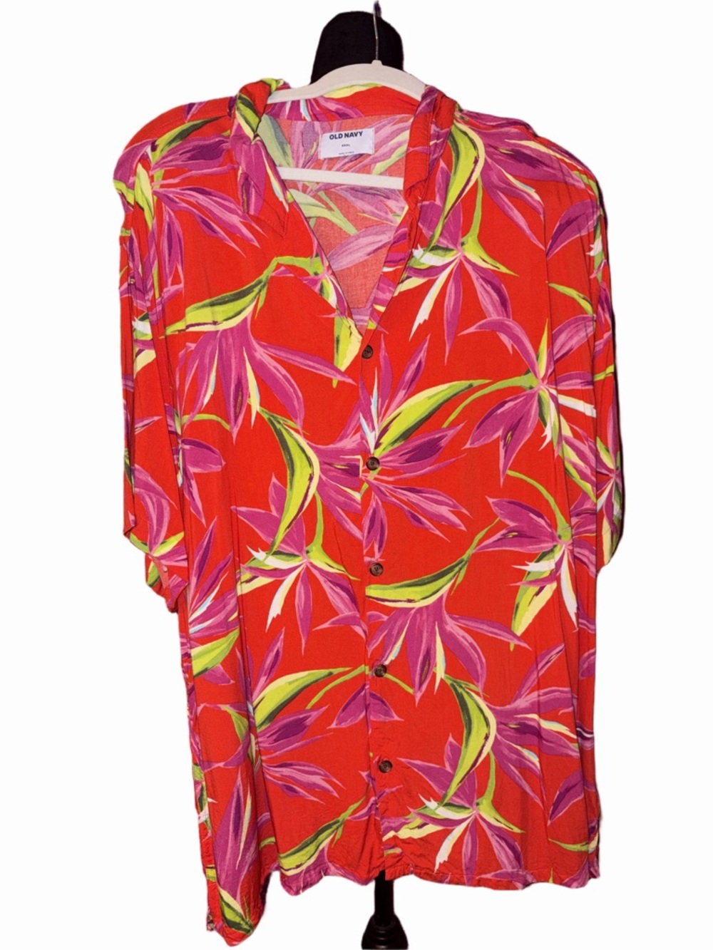 🆕💜 Old Navy Tropical Floral Rayon Button Down Shirt Red Pink Green XXXL
